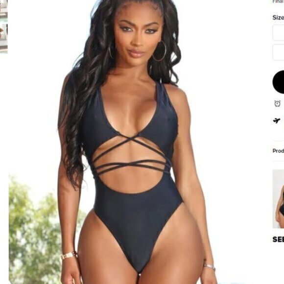 Fashion Nova Black One Piece Swimsuit M Strappy Cheeky Wrap Cut Out Sexy - Picture 1 of 7